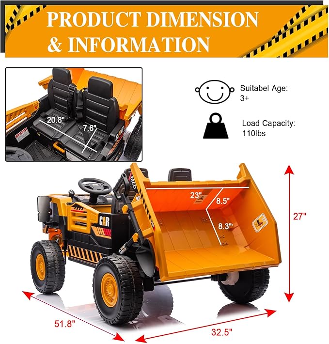 24V 4WD 2-Seater XL Kids Ride on Truck Electric Toy Car with Electric Dump Bed, Parents Remote Control Kids Car Tractor Toys Ride-on Dump Truck for Boys and Girls Ages 3+, Yellow