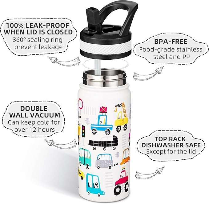 Fanhaw 18 Oz Kids Insulated Water Bottle with Straw - Stainless Steel Double Wall Vacuum Cup, Leakproof, BPA Free, Suitable for Boys and Girls(White - Heavy Traffic)