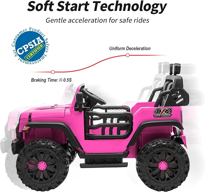 2 Seater Ride on Car Toy, 12V Electric Car for Kids 4-8 with Remote Control, Capacity 150 lb, LED Light - Hot Pink