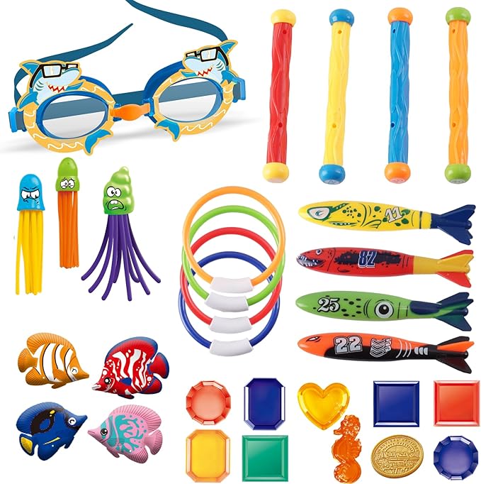 LITTLE FROGGY Kid’s Diving Set with 30 Pcs Diving Toy Kit Perfect for Pool, Beach, Water Parks, for Swimming Training & Water Games for Boys Aged 3-12 (Shark)