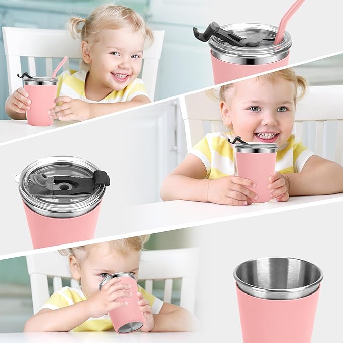 Kids Cups with Straws and Lids Leak Proof, 12oz Sippy Cups for Toddlers 1-3, 2 Pack Spill Proof Cup Stainless Steel Kids Cups with Lids for School, Outdoor (Pink & Cyan)