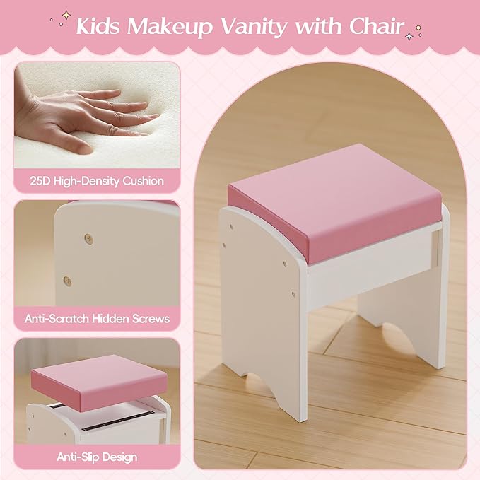 TOLEAD Kids Vanity, Girls Vanity Set with Mirror and Stool and Lights, Toddler Vanity Table and Chair Set with Jewelry Storage, Wooden Princess Makeup Desk Dressing Table for Little Girls (White)