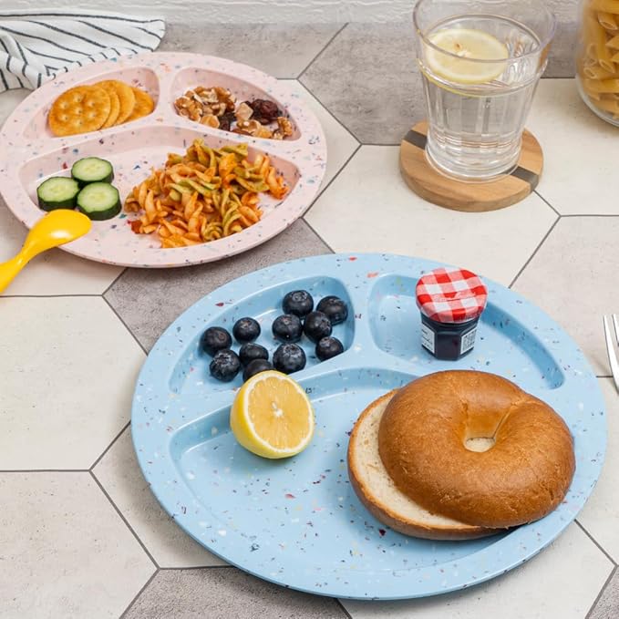 bzyoo 11-Inch Divided Plate Set of 2 - Confetti Blue 100% Melamine Portion Control Plate for Adults, Kids Unbreakable, Dishwasher Safe for Camping, BBQ