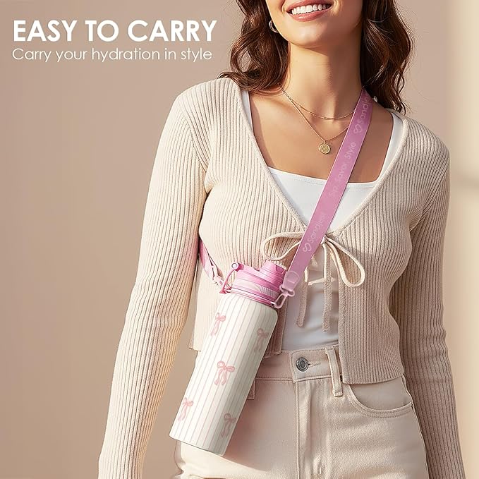 Bow Stainless Steel Water Bottle with Strap 32oz, Insulated Bottles with Straw and Spout Lid for Gym Sports Travel Outdoor, Gifts for Women Girls Birthday Christmas