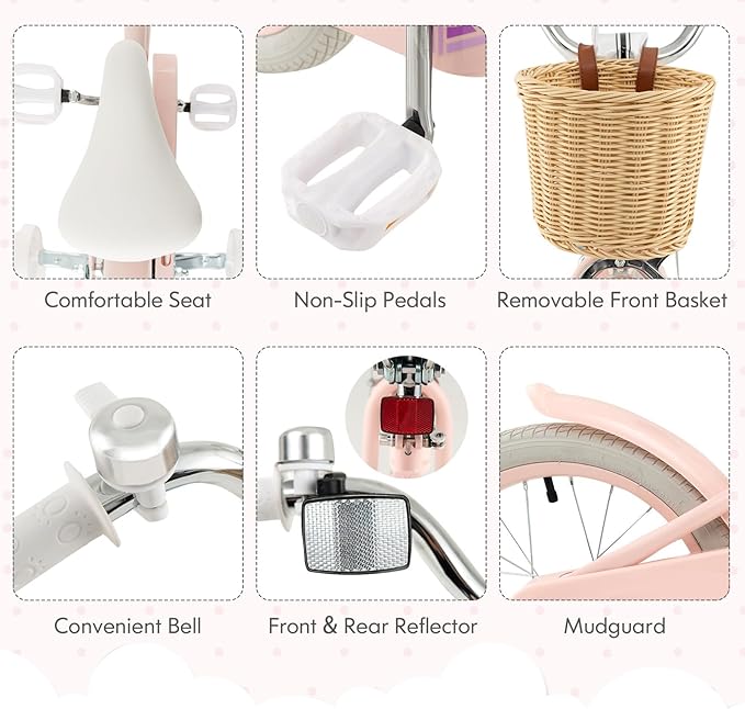 COSTWAY Kids Bike, 14 16 18 Inch Toddler Bike with Training Wheels, Basket, Adjustable Seat & Handlebar, Hand & Coaster Brakes, Bell, for Girl Boy Aged 3-8 Years Old