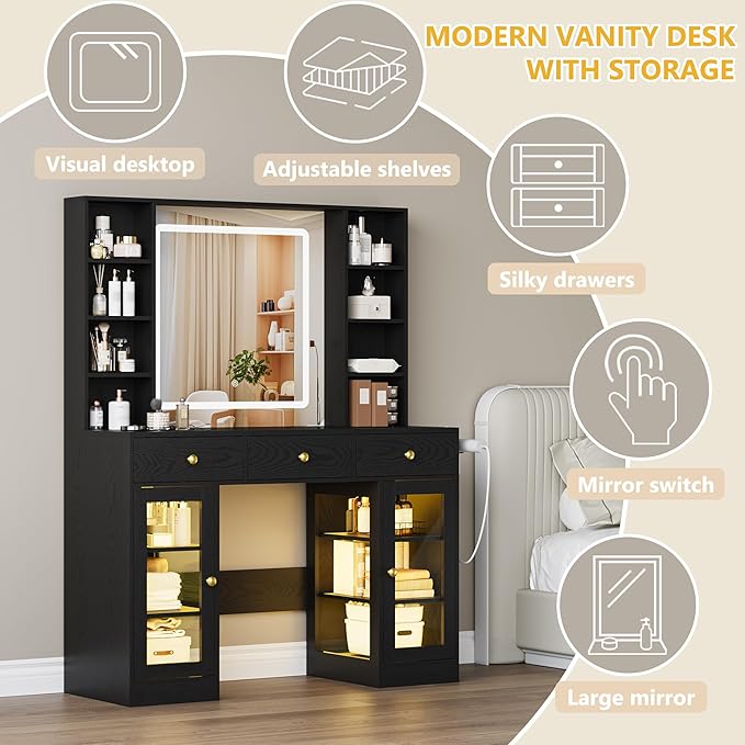 Vanity Desk with Mirror and Lights, White Makeup Vanity with Glass Top & Drawers, 3 Lighting Modes, Power Outlet, RGB Glass Cabinets, Modern Dressing Table for Girls, Women, Teens