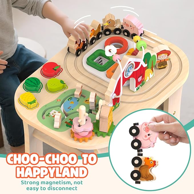 Activity Table for 1 Year Old, Baby Wooden Sensory Table with Bead Maze Shape Sorter Train Track for Toddler, Farm Montessori Toy Activity Center Educational Learning Toys for Kid 12+ Months (Natural)