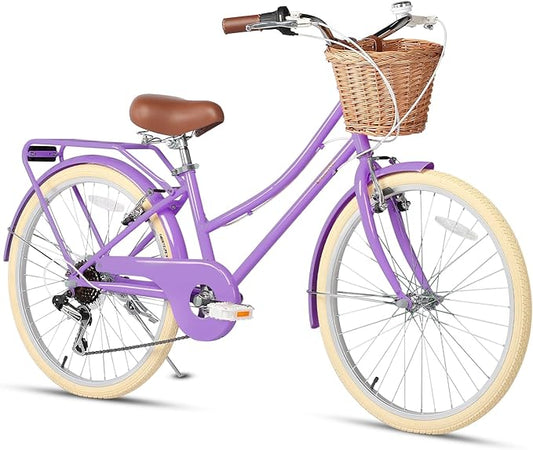 Glerc 20 24 26 Inch Beach Cruiser Bike, 6-Speed Hybrid City Bicycle for Girls Youth and Over 6 Years Old, Missy Bike with Wicker Basket & Lightweight, Multiple Colors