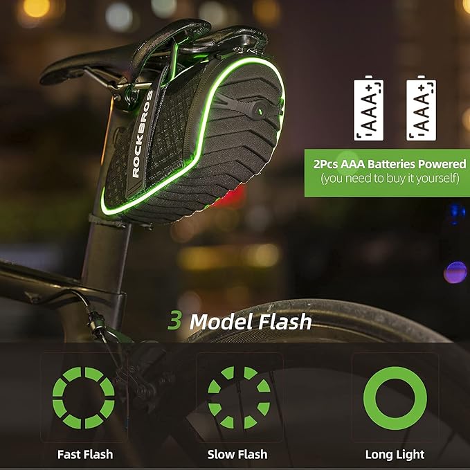 ROCKBROS Bike Seat Bag with LED Light, Waterproof 3D Shell Bicycle Saddle Bag with Rain Cover for Road & Mountain Bikes
