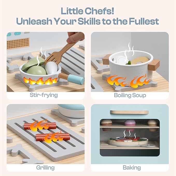 ROBOTIME Wooden Toy Kitchen Oven Playset, Montessori Pretend Play Kitchen Accessories with Pizza and Cupcakes Food Toys, Wooden Pizza Oven Set Toys for Toddlers & Kids, WCF28