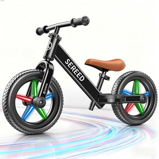 SEREED Toddler Balance Bike 2 Year Old, No Pedal Kids Bicycle Toys for 2-5 Years Old, Tool-Free Adjustment, Customize Plate with Stickers, Gift for 2-3 Boys Girls (Black Lighting)