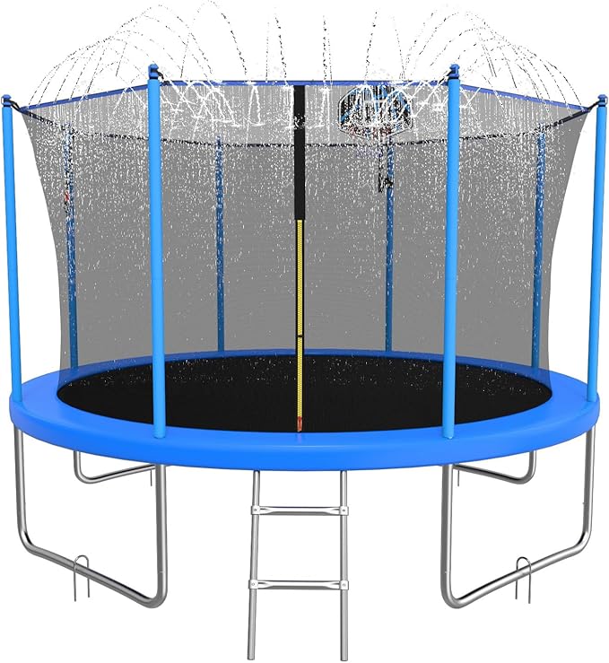 10FT/12FT/14FT Outdoor Trampoline for Kids and Adults - Trampoline with Basketball Hoop & Sprinkler - Anti Rust - ASTM Approved - Blue