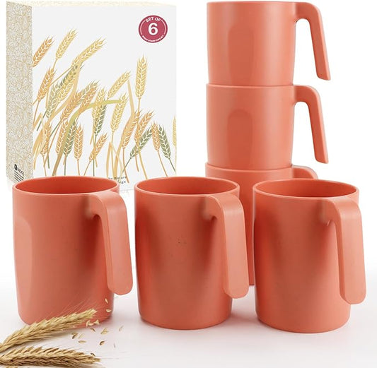 16oz Wheat Straw Cups with handles set of 6-Plastic Cups Reusable-Unbreakable Kids Mugs-Dishwasher Safe & Microwave Safe-Ideal Plastic Mugs for Tea,Coffee,Camping,RV-Orange