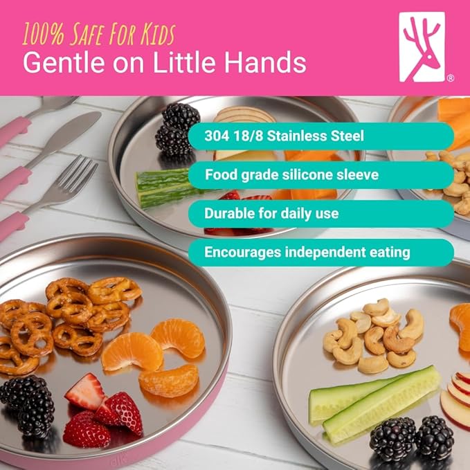 Elk and Friends 7.8” Stainless Steel Non Divided Plates with Silicone Sleeve + Storage Lid | Baby, Toddler, Kids | Dishwasher Safe | Dinner & Snack Plates | 2 Pack