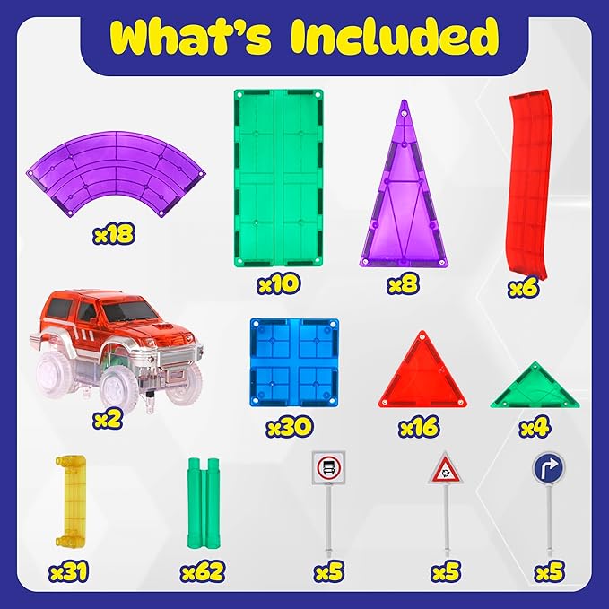 Playmags Magnetic Tiles Race Track Set - 200 Piece STEM Engineering Building Blocks with 2 LED Race Cars, Educational Magnet Toy for Kids