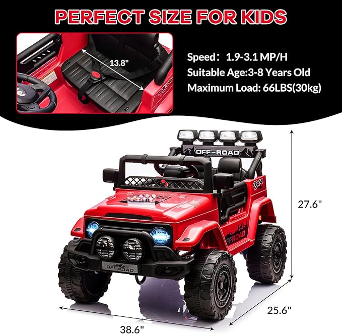 12V Kids Ride-On Truck with Parent Remote Control, Electric Toy Car with Spring Suspension, 3 Speed Modes & LED Lights, Battery Powered Vehicle for Boys Girls Ages 3-8, Red