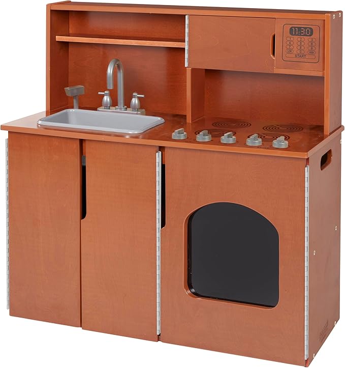 Chef's Station Kids Wooden Pretend Kitchen Playset, Play Kitchen, Dark Walnut