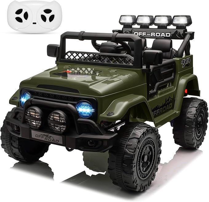 12V Kids Ride-On Truck with Parent Remote Control, Electric Toy Car with Spring Suspension, 3 Speed Modes & LED Lights, Battery Powered Vehicle for Boys Girls Ages 3-8, Green