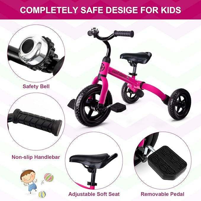 XPIY Tricycle for Toddlers Age 2-5 Years Old, 3 in 1 Folding Toddler Bike for Boys and Girls, Kids' Bike Trike with Detachable Pedal and Adjustable Seat (Pink)