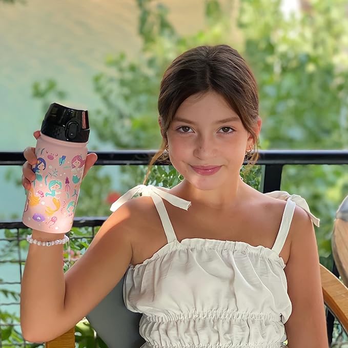 GOPPUS Kids Water Bottle (Straw Lid) - 14 Oz Stainless Steel Travel Bottle, Double Wall Vacuum Leak Proof Kids Cup for School Boys Girls,Happy Mermaids