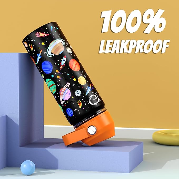 18oz Kids Insulated Water Bottle with Straw Lid - 18/8 Stainless Steel Kid Cup BPA-FREE Travel Tumbler Double Wall Vacuum Leak Proof Portable Toddler Water Bottle (Space)