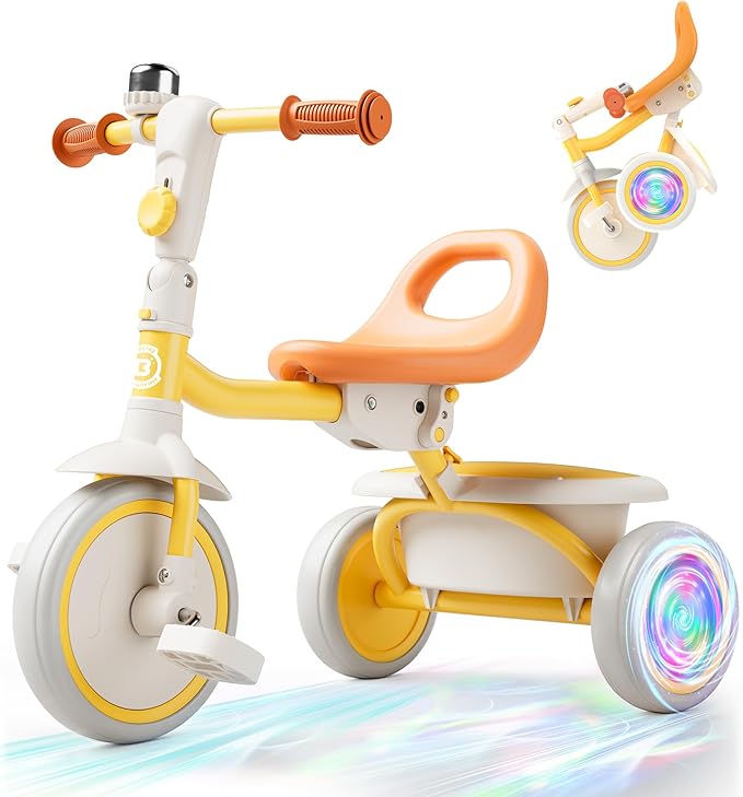besrey Colorful Lighting Toddler Tricycle for Ages 18 Months to 5 Years, Toddler Bike with Bell, Kids Tricycle, Gift for 2-5 Year Olds, Toy for Boys and Girls, Tricycle for Toddlers, Yellow