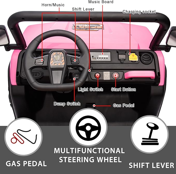 POSTACK 24V 2 Seater Electric Dump Truck for Kids, Ride on Tractor Battery Powered Electric Vehicle with Parental Remote Control, UTV for Kids to Drive w/Bluetooth, Music, Pink