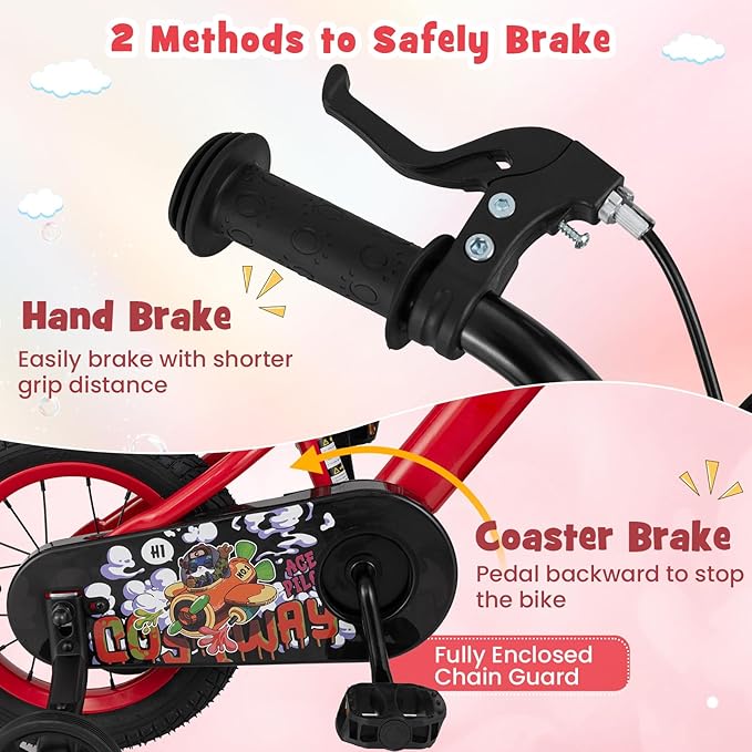 BABY JOY Rabbit Pilot Sporty Kids Bike, 12 14 16 18 Inch Child Bike for 3-8 Years Old with Adjustable Height, Training Wheels, Storage Basket, Handbrake & Coaster Brake, Kids Bicycle for Girls Boys