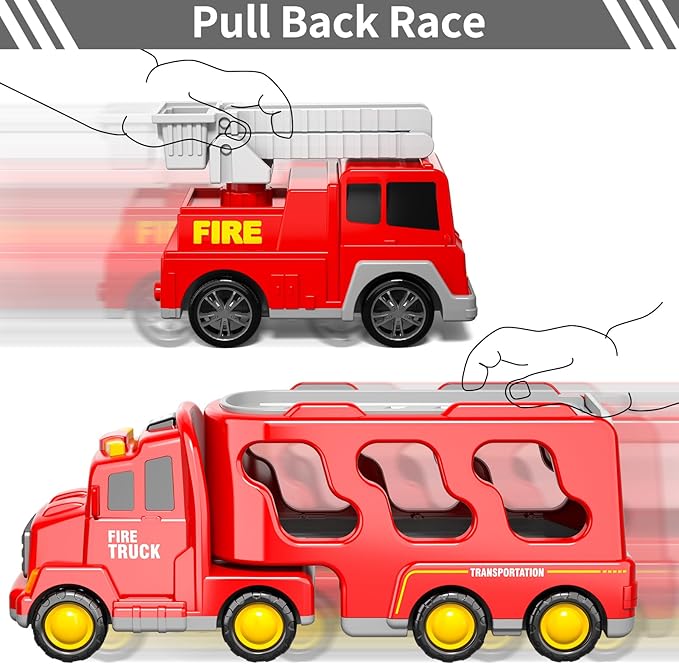 Bennol 5-in-1 Fire Trucks Toy Set for Boys Age 1-3 3-5, Fire Car Truck for Toddlers 1 2 3 4 5 6 Years Old, Christmas Birthday Gift Car Sets with Light Sound