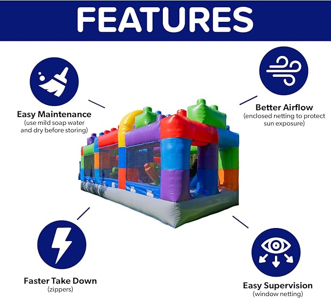 Herokiddo Block Party 20’ Inflatable Obstacle Course Commercial Grade PVC, Fun Backyard Challenge for Kids and Adults, with Air Blower Included