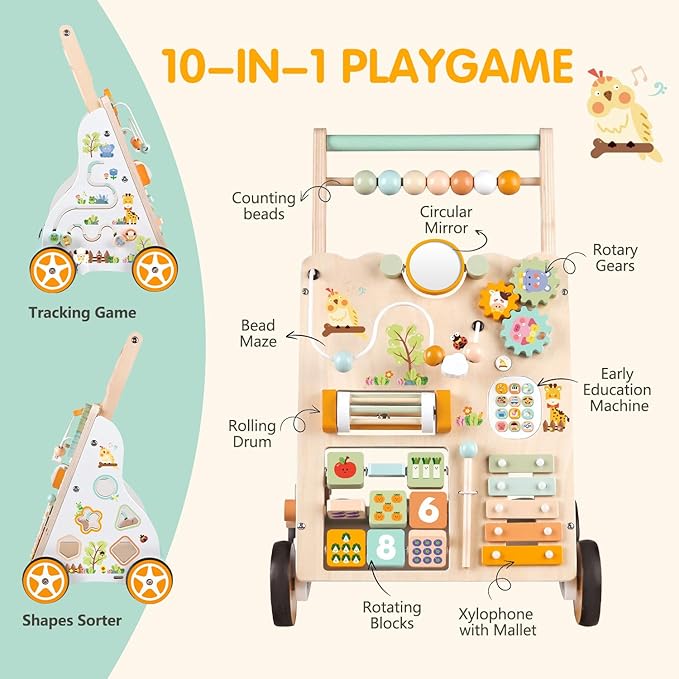 Wooden Baby Walker with Wheels, Push Walker with Baby Activity Center, Montessori Walking Toy for 1 Year Old Girls Boys, Ajustable Speed & Height Activity Toy for Toddler Learning to Walk 12+ Months