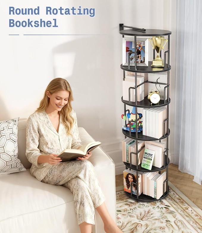5 Tier Rotating Bookshelf Tower Round Black,62”Tall Standing Spinning Bookshelf Tower Anti-Tipping Design,Metal & Wood Revolving Bookcase Stackable Space Saving for Small Spaces,Study,Living Room
