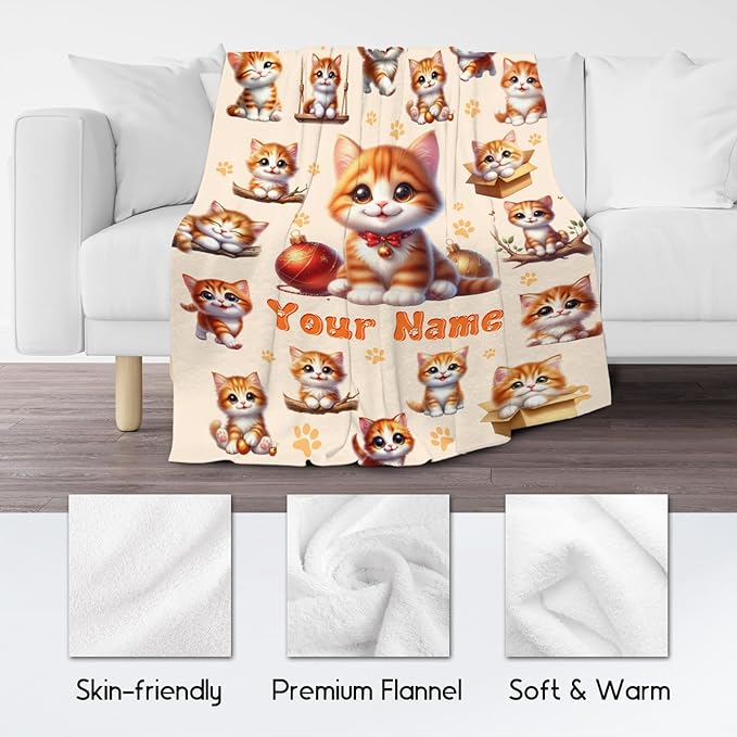 Girls Blankets Gifts Personalized Cat Blanket for Cat Lovers Toddlers Granddaughter, Custom Gifts with Name, 40"x50" Cute Flannel Kids Throw for Couch Sofa