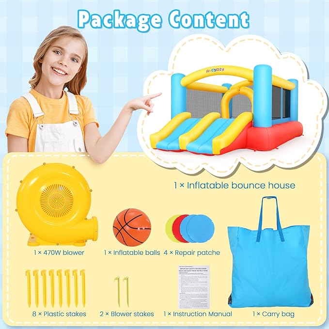 Bounce House, 12.6FTx9FT Inflatable Bounce Castle with Blower for Kids, Blow Up Jumping Bouncer with Double Slide, Obstacles, Trampoline Indoor/Outdoor Bouncy House, Jump House for Family Backyard