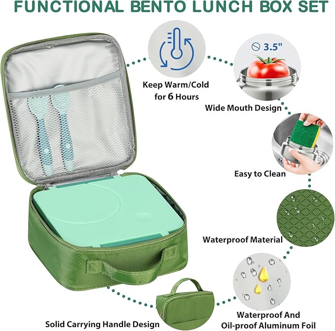 Bento Lunch Box Set for Kids with 8oz Soup Thermo, Leak-Proof Lunch Containers with 4 Compartment, Kids Thermo Hot Food Jar and Insulated Lunch Bag for Kid to School-Green