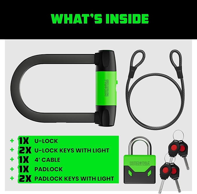 Rhino USA Bike Lock Set - Heavy Duty Anti Theft U Lock, 4FT Steel Security Cable, Padlock, 4 Lighted Keys. Dual Purpose Locks for EBike, Motorcycle, Electric Scooter, Bicycle
