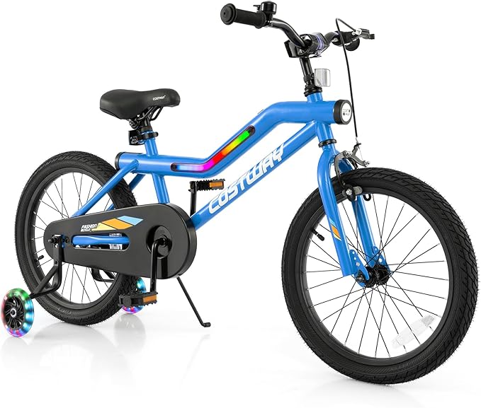 COSTWAY 16”/18” Lighted Kids Bike, Children Sport Bicycle with LED Light-up Frame, Adjustable Saddle, Training Wheels, Handbrake & Coaster Brake, Kids Riding Bike for 4-7/4-8 Years Old Boys & Girls