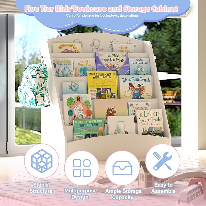 NACHES 5-Tier Kids Bookshelf - Toddler Book Display Shelves, Montessori Bookshelf for Kindergarten, Nursery, Bedrooms, Classrooms - Wooden Children Book Display (White)