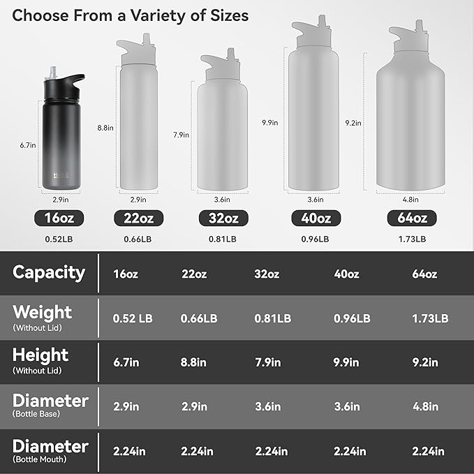HASLE OUTFITTERS Insulated Water Bottle 16 oz Double Wall Vacuum Stainless Steel Water Bottle kid Leak Proof for School Wide Mouth with Straw Lid & Spout Lid Keeps Cold and Hot(Black and Gray,1pack)