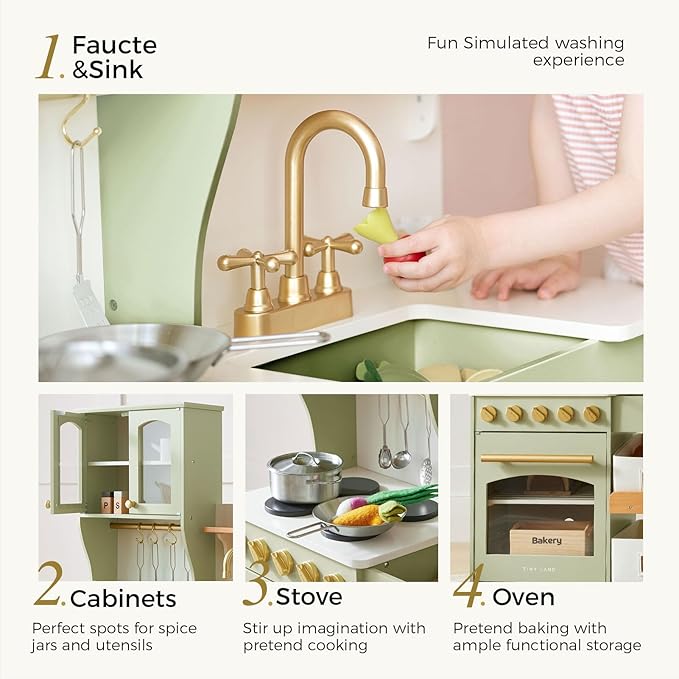 Tiny Land Play Kitchen for Kids, Wooden Toy Kitchen Set with Storage & Accessories, Toddler Kitchen Playset with Stove & Sink, Kids Kitchen Playset Gift for Ages 3-8