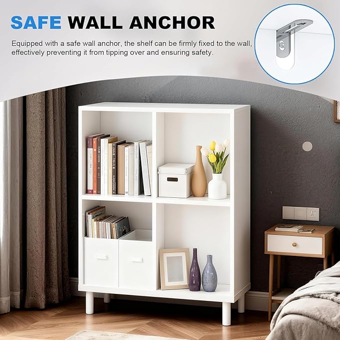 4 Cube Storage Organizer |Cubby Shelf | Small Book case |Small White Bookshelf| -Cubic Storage Cabinet（Storing Books,Toys & More Easy to Install）