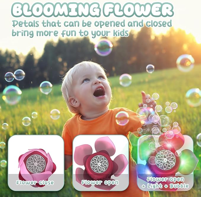PANACARE Bubble Wand Blower for Kids Handheld Lotus Bubble Wand Automatic Bubble Machine with Battery/Light/10000+Bubbles/Bubble Solution Bubble Toy Gift for Girl Boys Party Weddings Outdoor Indoor