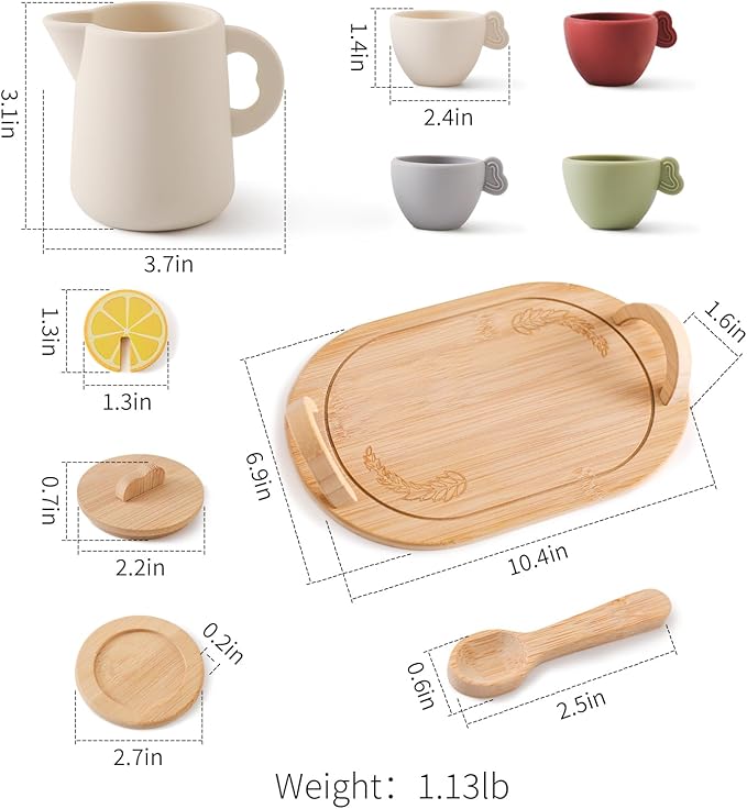 Youuys Wooden Tea Party Set for Toddler 3-5,Kids Tea Sets for Little Girls 4-6, 14pcs Silicone Kitchen Accessories, Pretend Play Montessori Toys with Tray for 3 4 5 6 Year Old Birthday