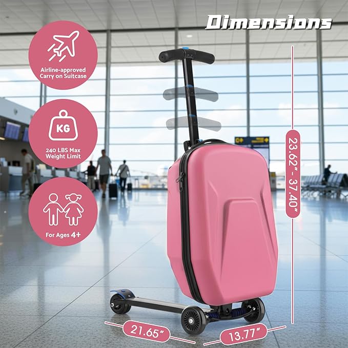 20" Hardshell Scooter Suitcase for Kid & Adult Foldable 2 in 1 Ride on Carry on Travel Trolley Scooter Luggage With Wheels