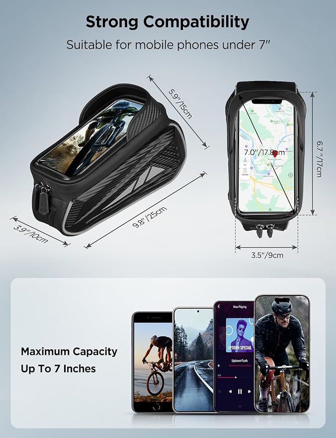 Bike Phone Holder Bag, EVA Waterproof Bicycle Front Frame Bag, Bike Accessories Cycling Pouch with Sensitive TPU Touch-Screen, Bicycle Phone Mount with Rain Cover for Phone under 7" (Sliver, 7 inch)