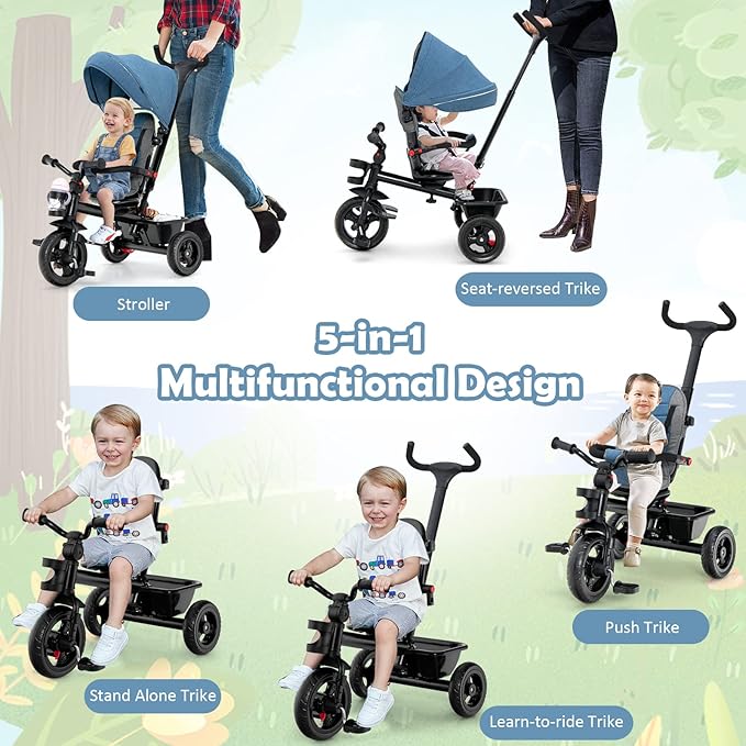 BABY JOY Tricycle, 5 in 1 Toddler Bike W/Removable Push Handle, Reversible Seat, EVA Wheel, Adjustable Canopy, Cup Holder & Storage, Ideal for Kids 1.5-5 Years Old, Tricycle for Toddler (Blue)