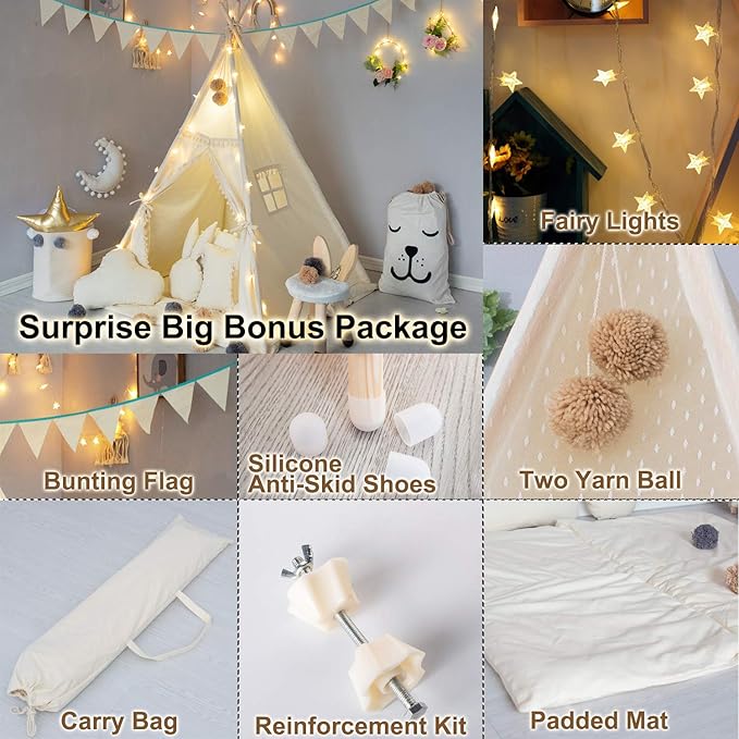 Kids Teepee Tent with Padded Mat, Banner, Fairy Lights, Yarn Ball, Carry Bag, Beige Cotton Canvas Play Tent for Child with Tassels Lace, Play House Tipi for Kids Room Decor