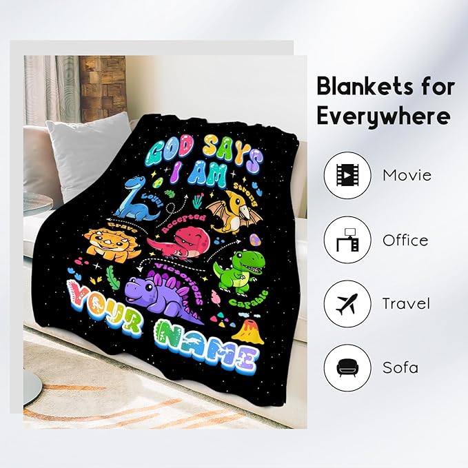 Personalized Dinosaur Blanket with Name, Dinosaur Gifts for Boys Toddler Child, God Says I Am Blanket for Kids, Inspirational Gifts for Son, Soft Kids Throw Blankets for Couch Office, 40"x50"