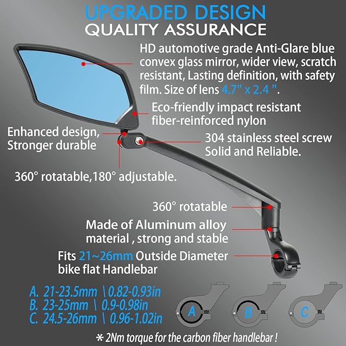 Handlebar Bike Mirror, Scratch Resistant Glass Lens, Ajustable and Rotatable Safe Rearview Bicycle Mirror