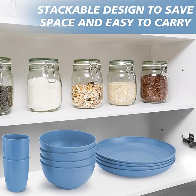 Shopwithgreen Wheat Straw Dinnerware Sets for 4, 20 PCS Unbreakable Plates and Bowls Sets, Reusable Dinner Dishes Set, Bowls, Cups, Plates for Camping, Kitchen, RV, Dorm, Dishwasher Microwave Safe